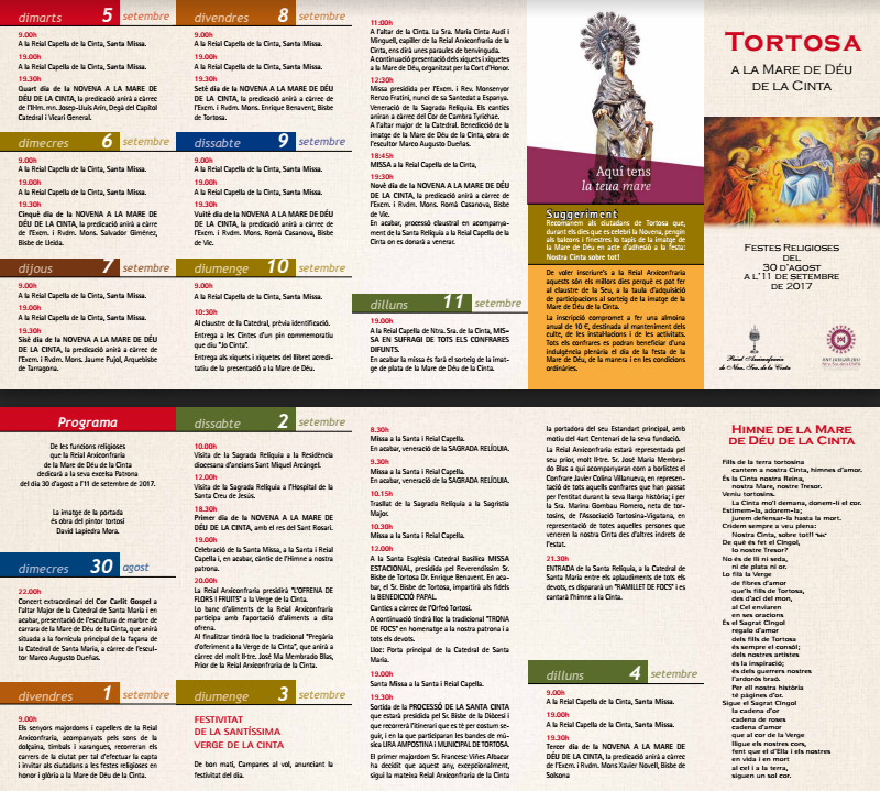 Ja es coneix el programa oficial d’actes de la Reial Arxiconfraria per les Festes de la  Cinta 2017